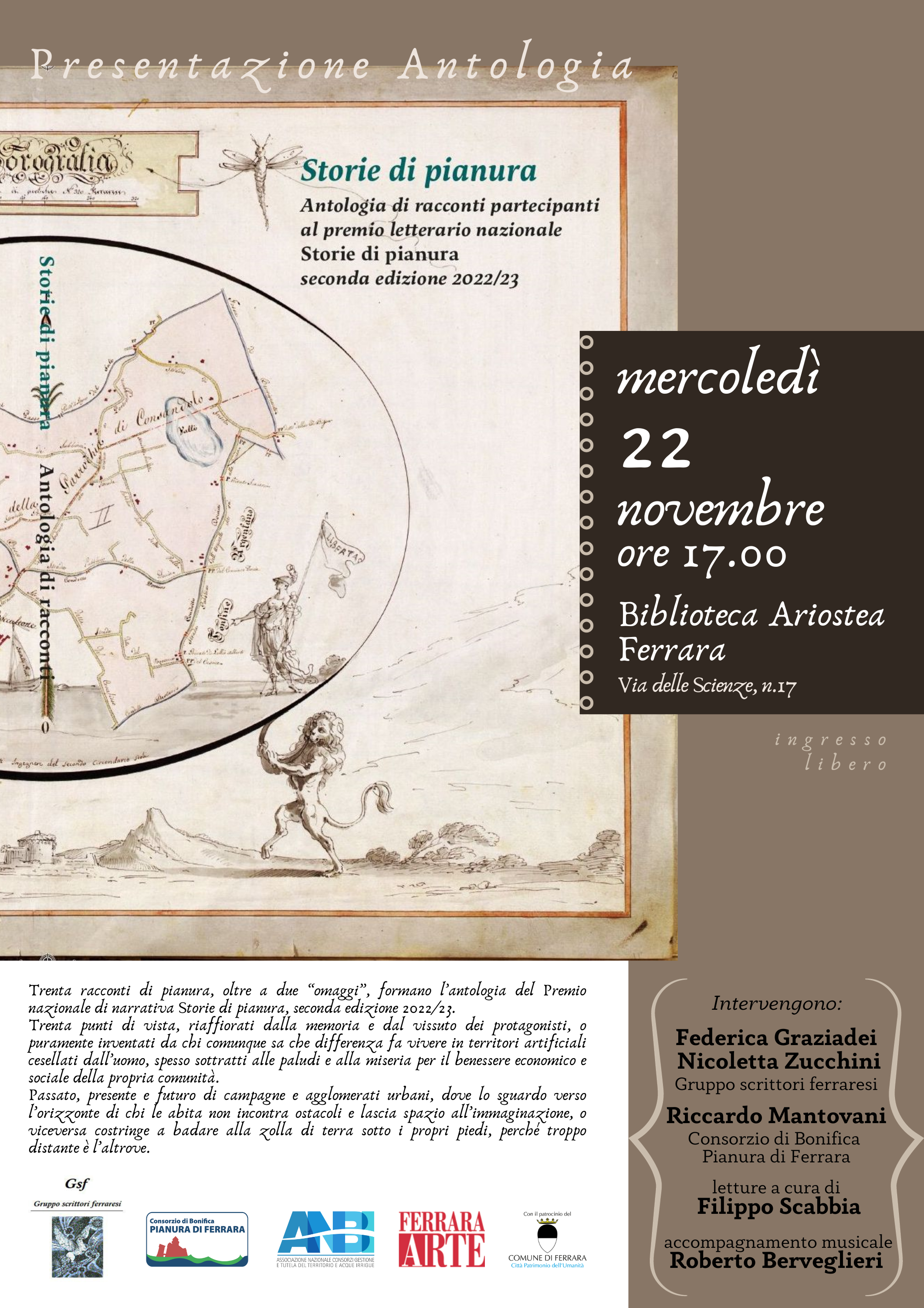 22 novembre, alla Biblioteca Ariostea di Ferrara arriva l'Antologia "Storie di Pianura" 